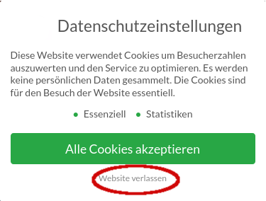 Ablehnung von Cookies führt zum Verlassen der Website